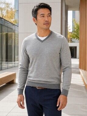 Calvin Klein Italian Yarn Merino Wool V-Neck Sweater Grey Men's L